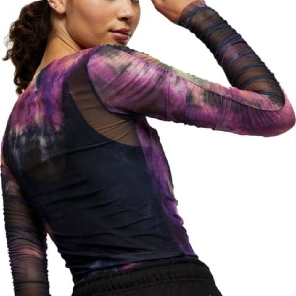Topshop Tie Dye Ruched Mesh Stretchy Shirt PURPLE Sz 2